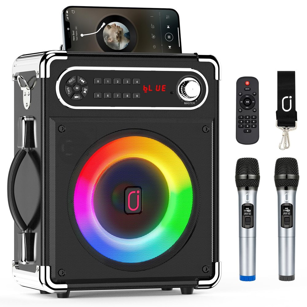 JAUYXIAN Bluetooth Speaker with Two Wireless Microphones, Outdoor Speaker with Subwoofer/Tweeter, Portable PA Speaker System with Remote Control, Discol Lights, FM, REC for Home, Party