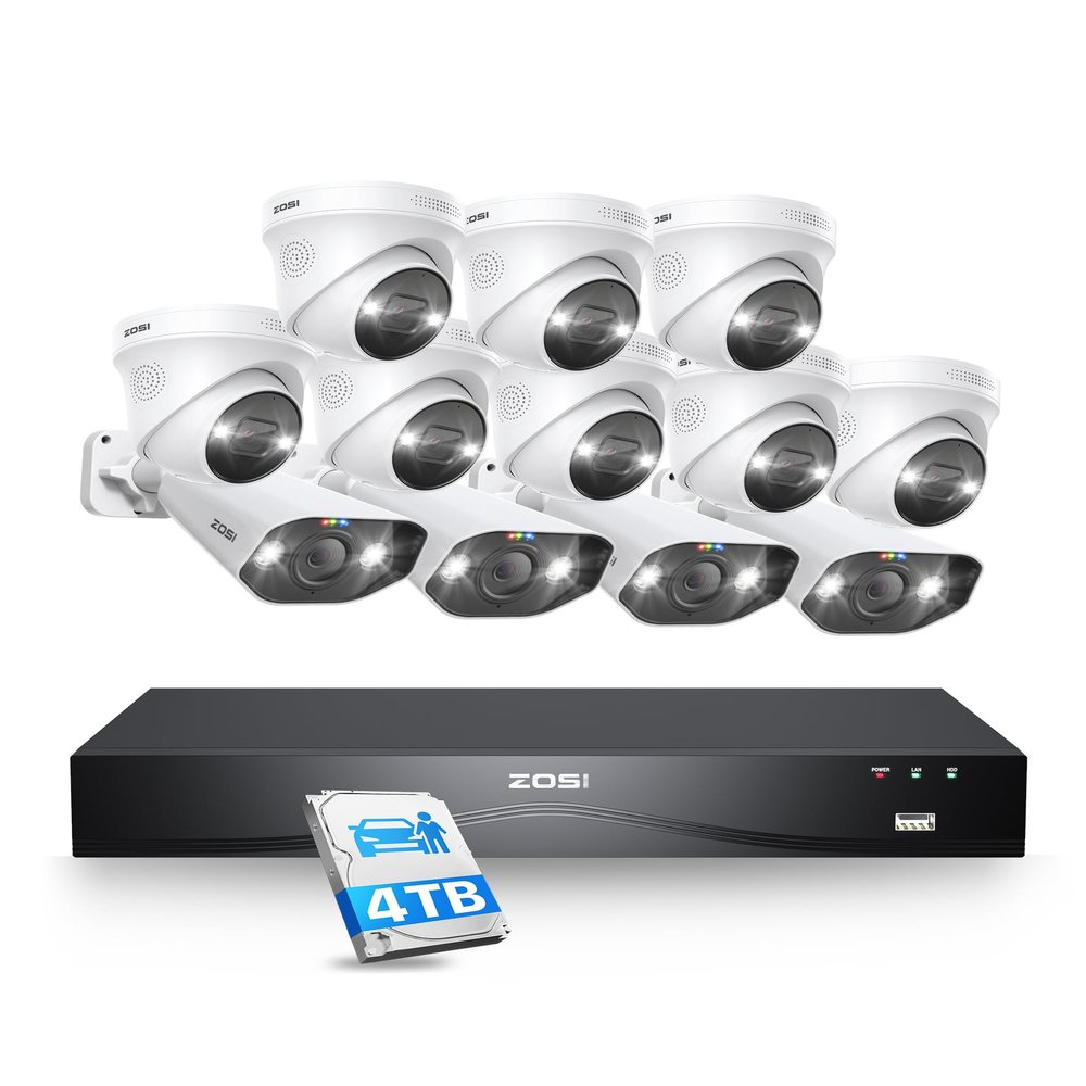 ZOSI 4K PoE Security Camera System,Person Vehicle Detection,2 Way Audio,Sound&Light Siren,Dual Disk Backup,12pcs 4K Spotlight Outdoor PoE Cameras,4K 16 Port 24CH NVR with 4TB HDD for 24/7 Recording