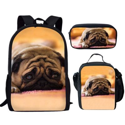 Howilath Pug Dog Cute Pattern 17 Inch School Backpack for Boys Kids Bookbag Set Schoolbag with Lunch Box Pencil Case Laptop Daypack