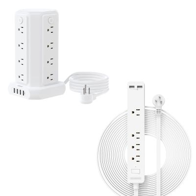 10FT Power Strip Tower and 15FT Flat Extension Cord Power Strip Bundle, Flat Plug Surge Protector with 4 USB Ports, Individual Switches, Wall Mountable for Home Office, White