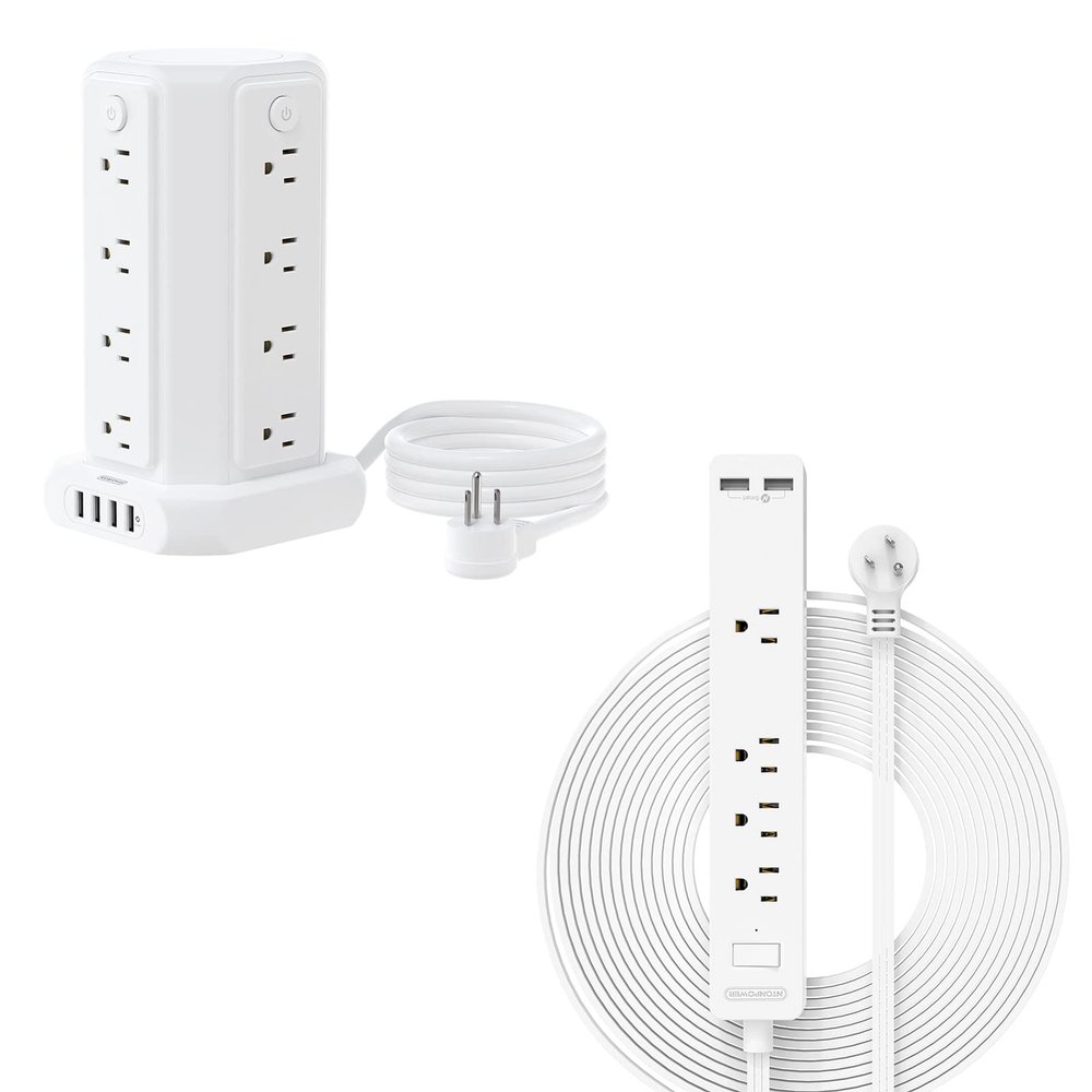 10FT Power Strip Tower and 15FT Flat Extension Cord Power Strip Bundle, Flat Plug Surge Protector with 4 USB Ports, Individual Switches, Wall Mountable for Home Office, White
