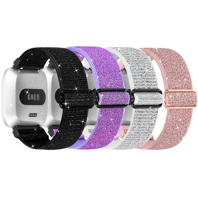 Elastic Nylon Band Compatible with Fitbit Versa, for Ladies and Men - Breathable, Adjustable Sport Replacement Wristband in Shiny Black, Pink, White, Purple