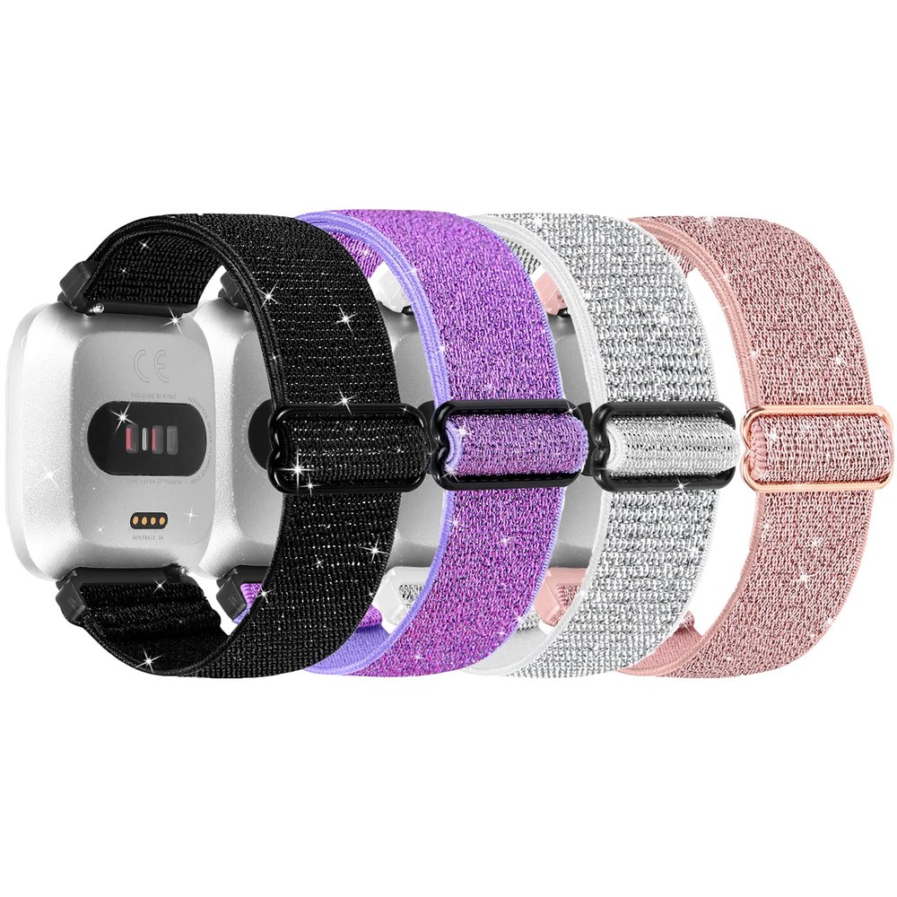 Elastic Nylon Band Compatible with Fitbit Versa, for Ladies and Men - Breathable, Adjustable Sport Replacement Wristband in Shiny Black, Pink, White, Purple