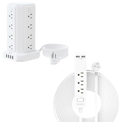 10FT Extension Cord Power Strip Tower and 15FT Flat Extension Cord Bundle, NTONPOWER Flat Plug Power Strip with USB Ports, Individual Switches, Overload Protection for Home Office Desktop, White