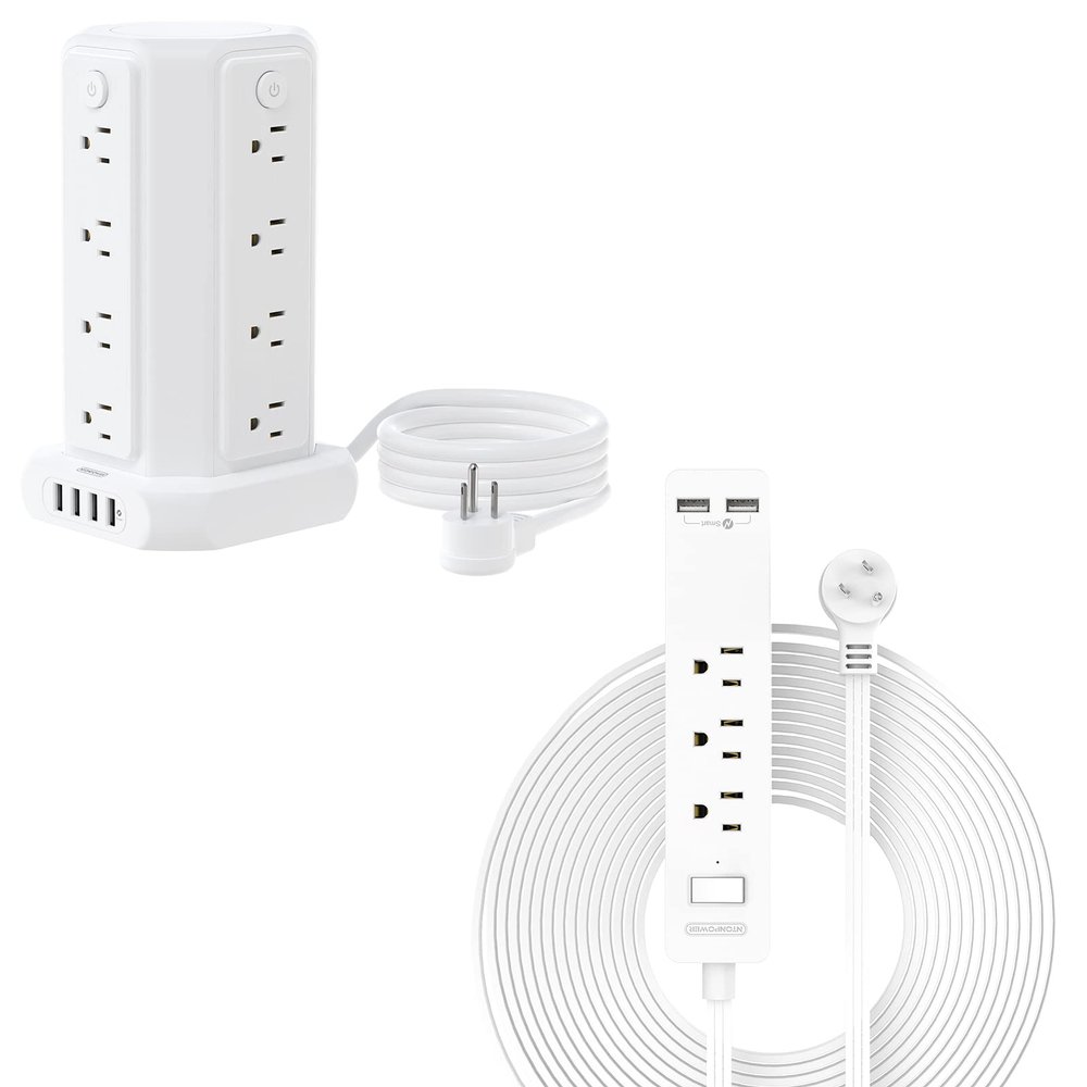10FT Extension Cord Power Strip Tower and 15FT Flat Extension Cord Bundle, NTONPOWER Flat Plug Power Strip with USB Ports, Individual Switches, Overload Protection for Home Office Desktop, White