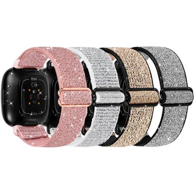 4 Pack Adjustable Nylon Band Only Compatible with Fitbit Sense/Versa 3, Shiny Soft Breathable Single Loop Elastic Replacement Band