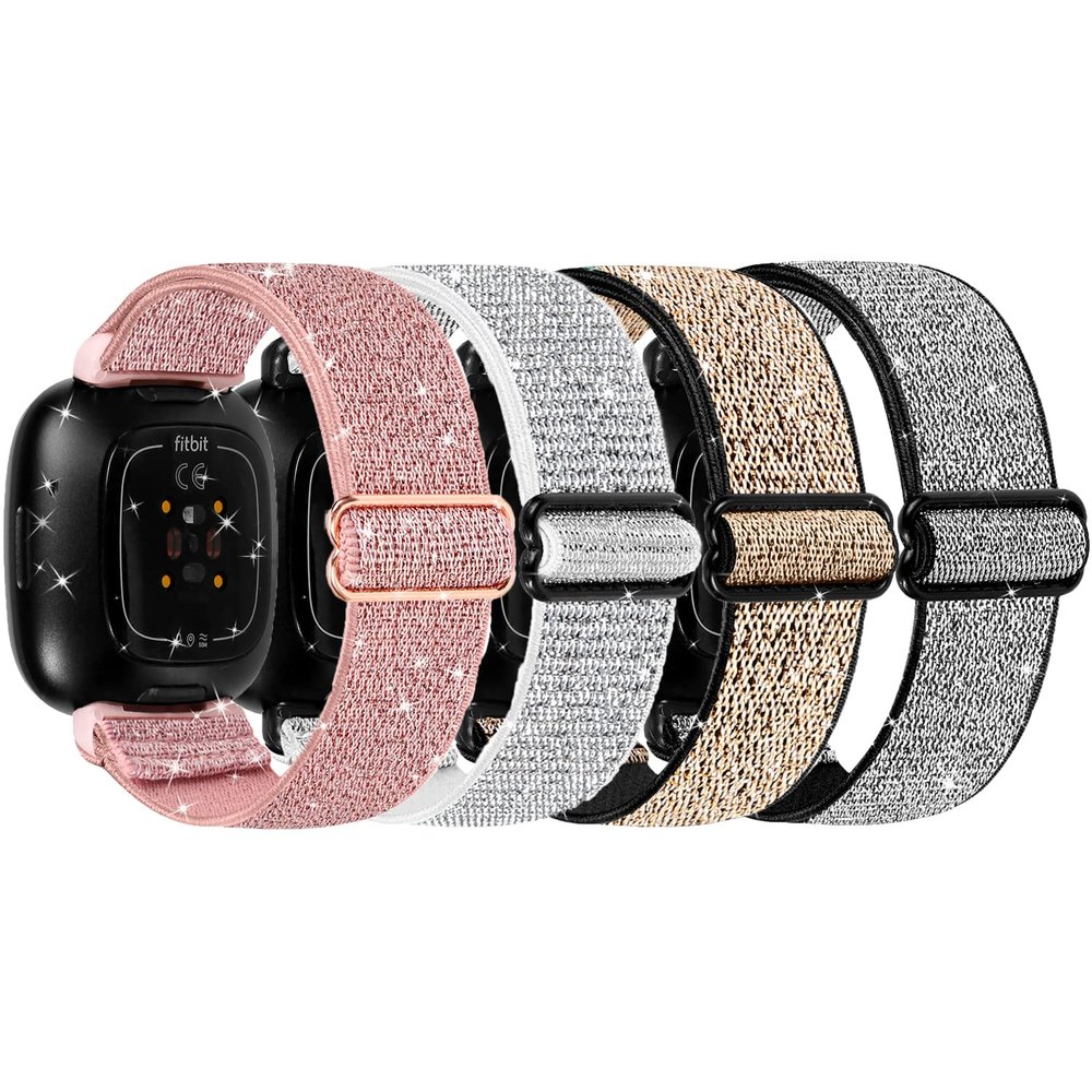 4 Pack Adjustable Nylon Band Only Compatible with Fitbit Sense/Versa 3, Shiny Soft Breathable Single Loop Elastic Replacement Band