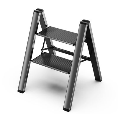 GameGem 2 Step Ladder, Aluminum Folding 2 Step Stool with Anti-Slip Sturdy and Wide Pedal, Lightweight Portable Stepladder for Home and Kitchen Use Space Saving, Black, 330 lbs