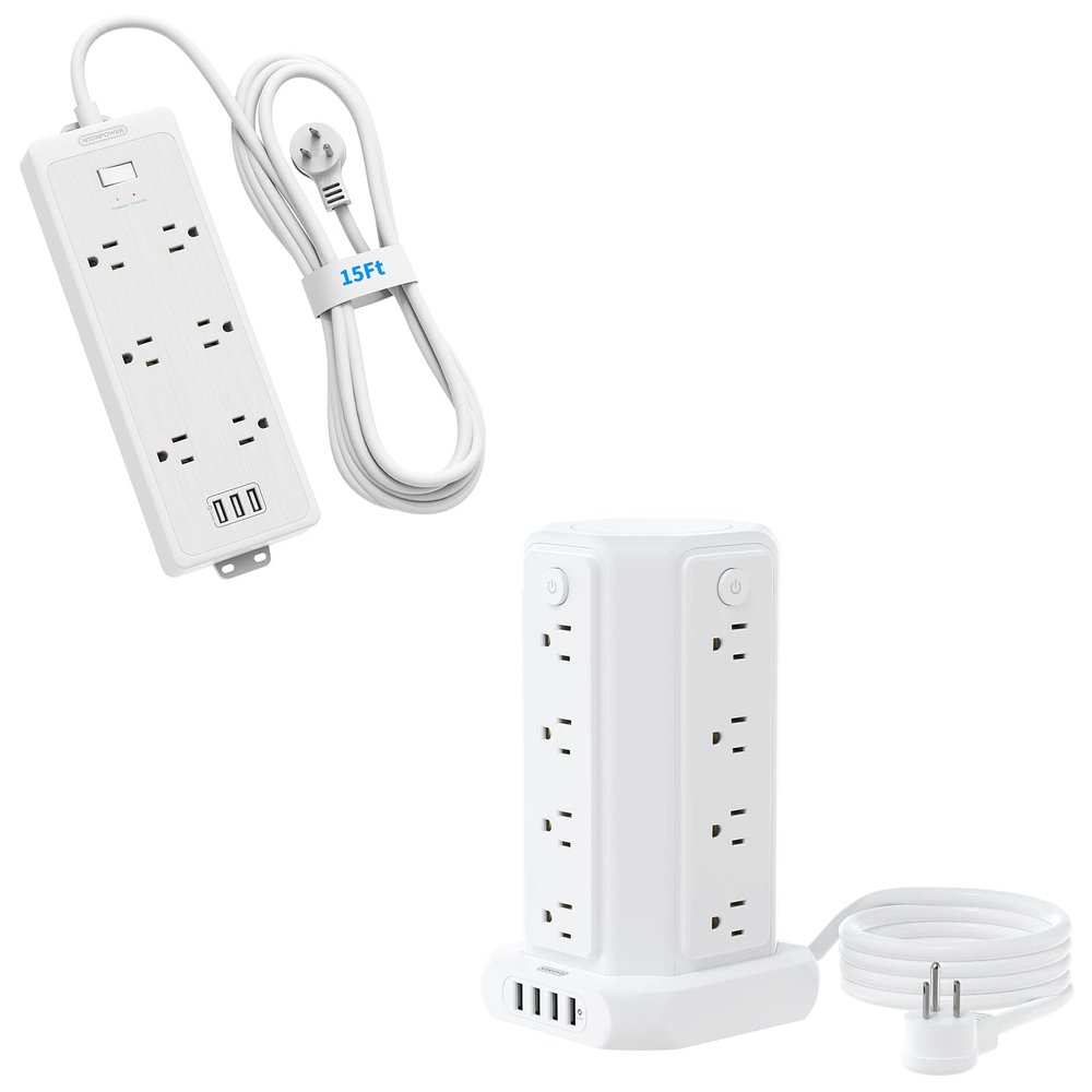 10FT Extension Cord Power Strip Tower and 15ft Surge Protector with USB Ports Bundle, NTONPOWER Flat Plug Extension Cord Long, 1080 Joules, Overload Protection for Home Office Desktop, White