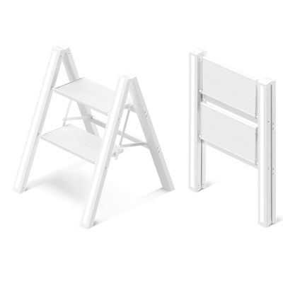 GameGem 2 Step Ladder, Aluminum Folding 2 Step Stool with Anti-Slip Sturdy and Wide Pedal, Lightweight Portable Stepladder for Home and Kitchen Use Space Saving, Cream White, 330 lbs