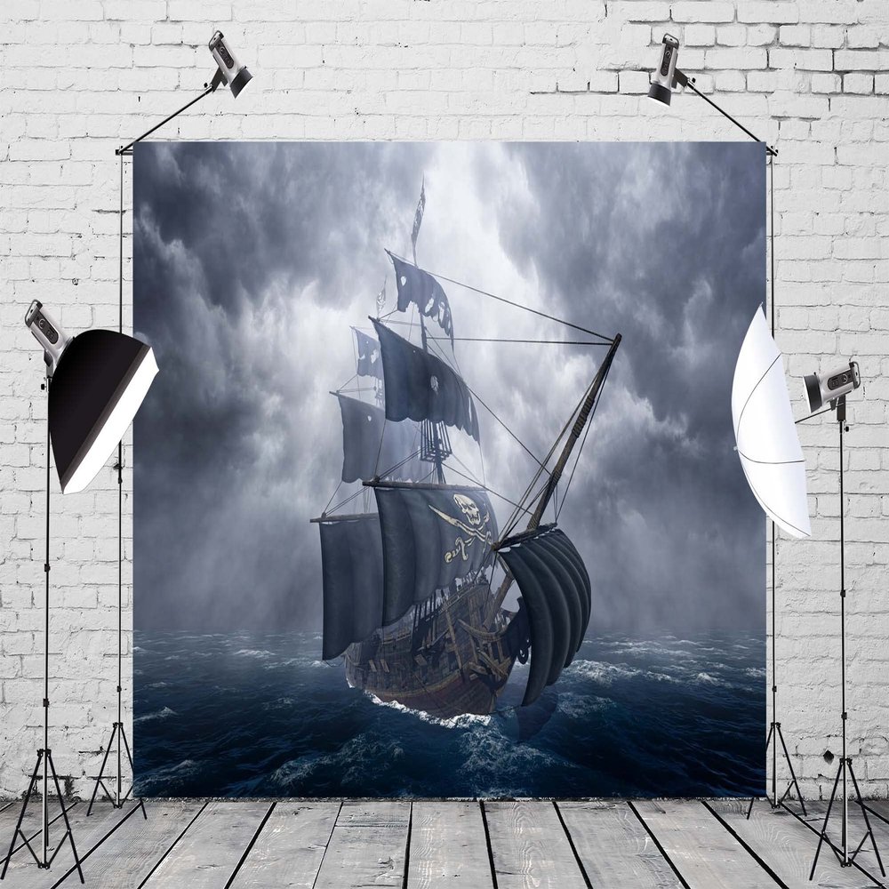 CORFOTO 7x5ft Dark Pirate Ship Photography Backdrop Skull Sailboat Background Pirate Thene Party Decorations Nautical Pirate Cruises Ship Kids Adults Portrait Baby Shower Photo Booth Props Fabric