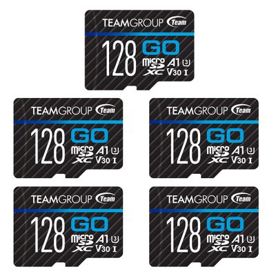 TEAMGROUP GO Card 128GB x 5 Pack MicroSDXC UHS-I U3 V30 4K for Action Cameras & Drone High Speed Flash Memory Card with Adapter for Outdoor Sports&Vlog, 4K Shooting,GoPro&Insta360&DJI TGUSDX128GU363