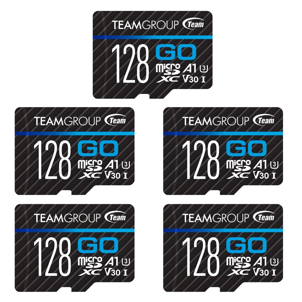 TEAMGROUP GO Card 128GB x 5 Pack MicroSDXC UHS-I U3 V30 4K for Action Cameras & Drone High Speed Flash Memory Card with Adapter for Outdoor Sports&Vlog, 4K Shooting,GoPro&Insta360&DJI TGUSDX128GU363