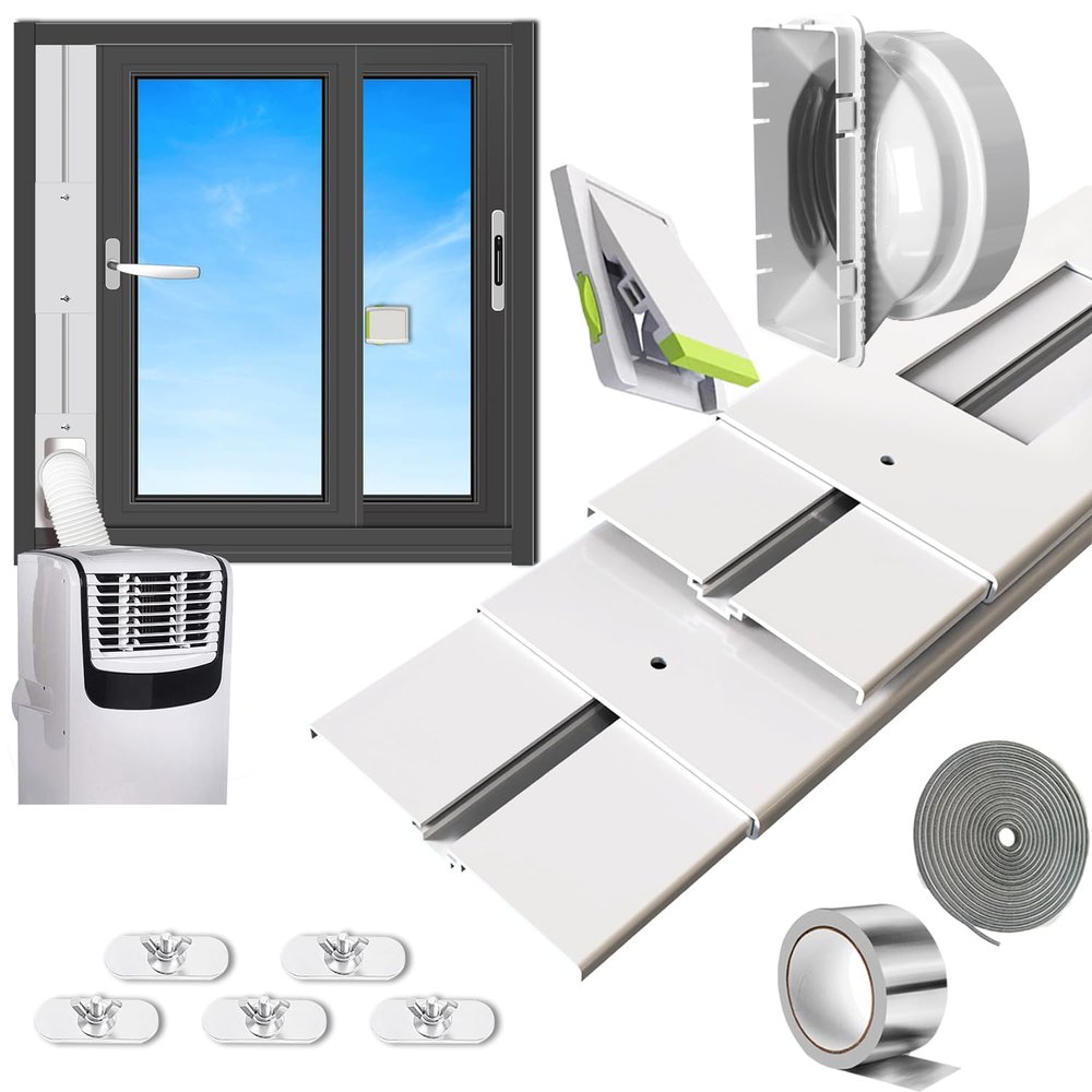 Aozzy portable ac window vent kit with Universal 5.1/5.9"Coupler,26-63"Adjustable with Security Lock &Weather Stripping Air Conditioner Seal kit for vertical/horizontal sliding windows fit for LG etc