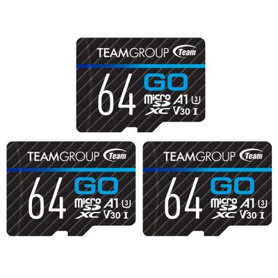 TEAMGROUP GO Card 64GB x 3 Pack MicroSDXC UHS-I U3 V30 4K for Action Cameras & Drone High Speed Flash Memory Card with Adapter for Outdoor Sports&Vlog, 4K Shooting,GoPro&Insta360&DJI TGUSDX64GU362
