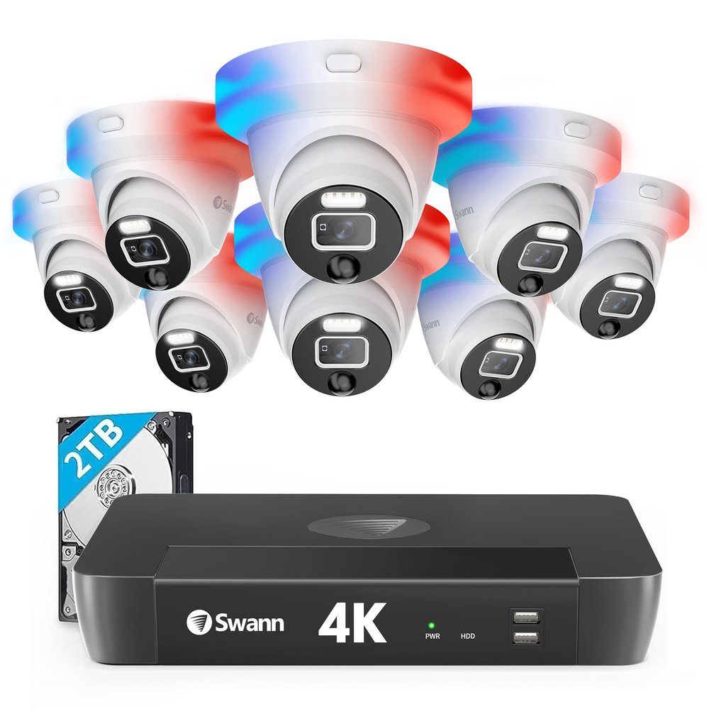 SWANN Pro 4K, 8 Channel Home Security Camera System, 2TB NVR, 8 Dome PoE IP Cameras Outdoor, Wired Surveillance CCTV, Heat Motion Vehicle Detection, LED Light, 24/7 Recording Security Camera, 889808D