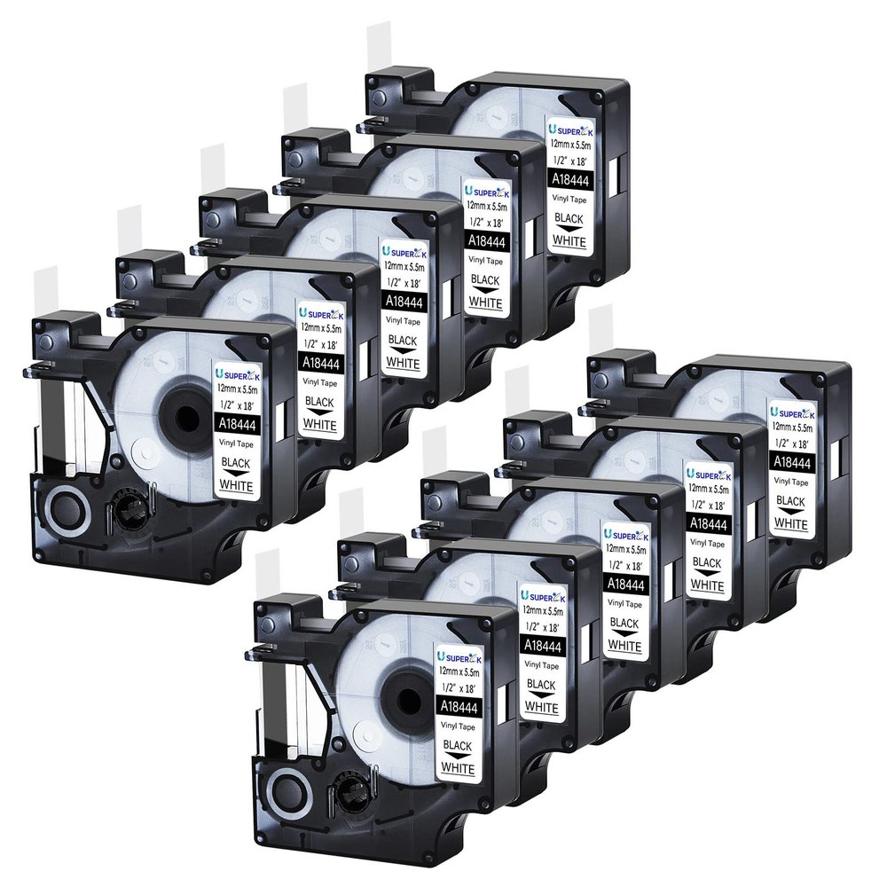 USUPERINK 10 Pack Compatible Label Tapes Replacement for DYMO 18444 IND Permanent Vinyl Tapes for Rhino 1000 3000 4200 5200 5000 6000 Industrial Label Maker Black on White 1/2 inch x 18 Feet