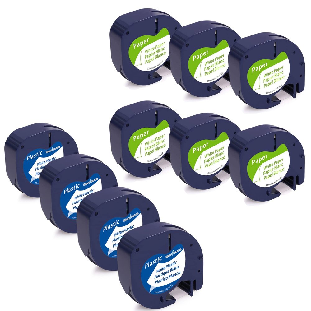4 Plastic + 6 Paper Label Refills Replacement for Dymo Label Maker Refills 12mm x 4m 1/2'' x 13'