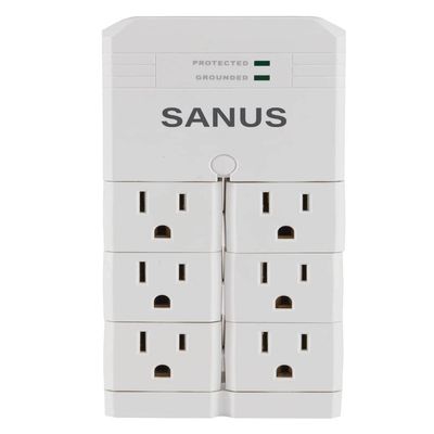 SANUS On-Wall Surge Protector - 6 Rotating Outlets - Fits Larger Plugs -1080 J - Low-Profile & Fireproof - White