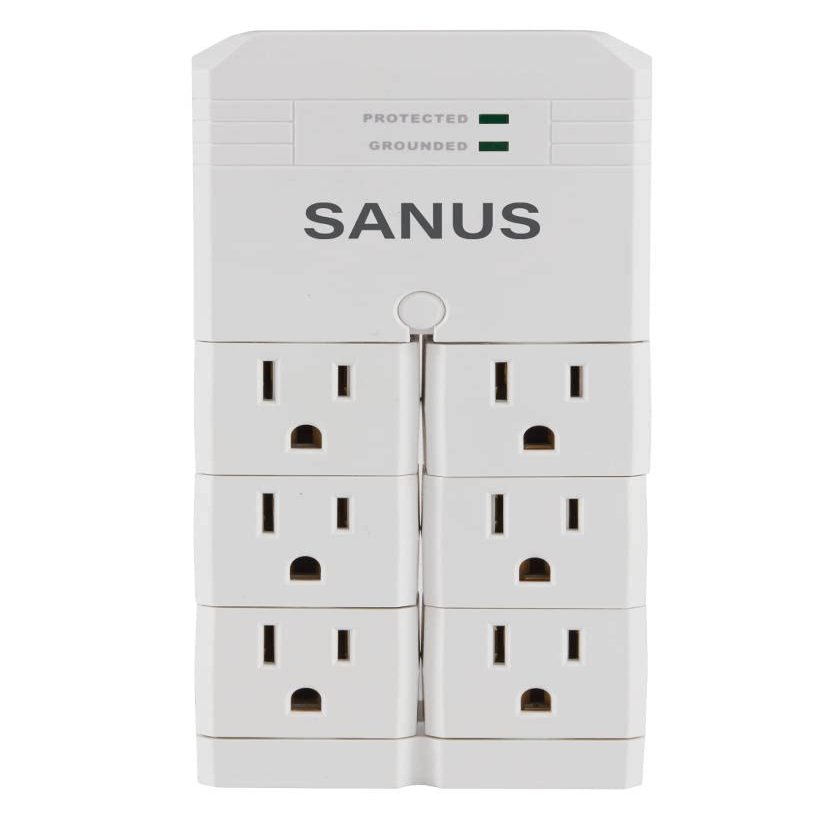 SANUS On-Wall Surge Protector - 6 Rotating Outlets - Fits Larger Plugs -1080 J - Low-Profile & Fireproof - White