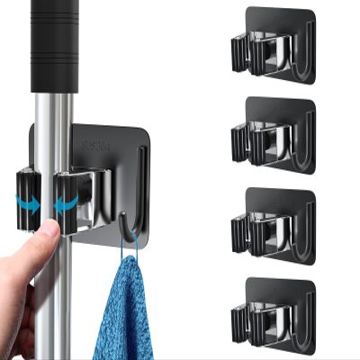 homeasy Mop Broom Holder No Drill, Mop Broom Organizer Wall Mounted Heavy Duty with Hooks Hanger, Self Adhesive Stainless Steel 4Pcs for Bathroom, Kitchen, Office (Multicolor)