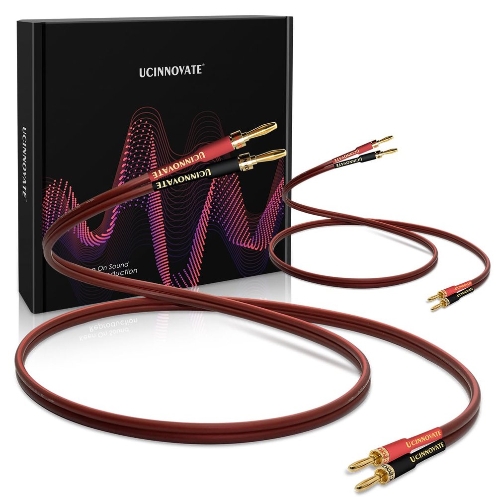 UCINNOVATE 2 Pack High-end Pure Copper HiFi OFC Speaker Wire Cable with Banana Plug, 2m Gold-Plated Banana Tip Plugs Male to Male 600 Strand 14 AWG for Audio Speaker HiFi System Home Theater (6.56FT)