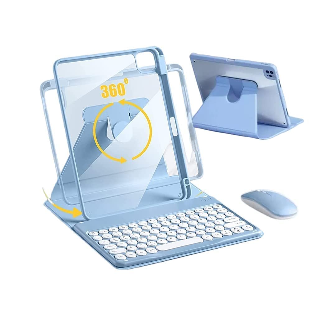 AnMengXinLing Rotating Keyboard Case for iPad 9th/8th/7th Gen 10.2 Inch, Vertical Case with Detachable Keyboard Mouse, Clear Cover with Pencil Holder, Blue