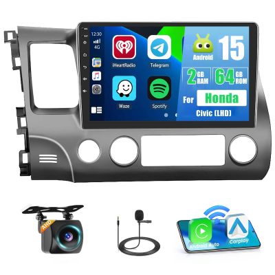 2G+64G Car Radio for Honda Civic 2006-2011 Wireless Caplay Android Auto, 10' Touchscreen Stereo Android 15 GPS WiFi Bluetooth FM RDS Mirror Link RCA USB SWC Backup Camera