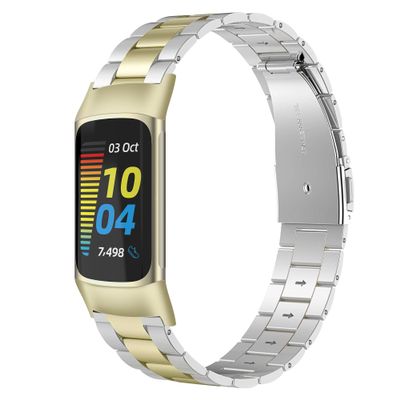 Wearlizer Compatible with Fitbit Charge 5 Bands for Women Men, Classic Stainless Steel Ultra-Thin Lightweight Replacement Straps Charge 5 Bands(Soft Gold+Sliver)