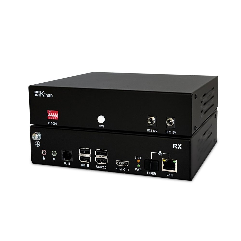 Kinan 4K HDMI USB KVM Over Ethernet Extender, FHD HDMI Keyboard Mouse USB2.0 Over CAT5E or Optical Cable 4K@30Hz Up to 10KM, 2 USB 2.0 Ports, Loop Out, Near-Zero Latency, Plug & Play