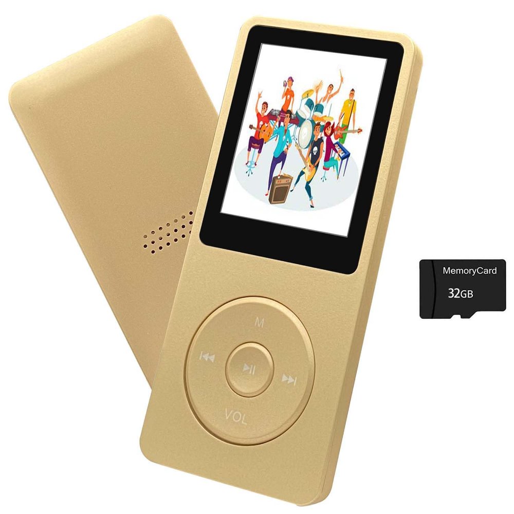MP3 Player 32GB with Speaker Earphone Portable Mini Golden Music Player Support Voice Recorder E-Book 1.8 inch HD Screen Support up to 128GB