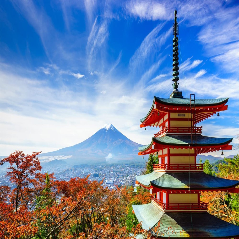 BELECO Japanese Backdrop Fabric 9x6ft Fujiyama Kiyomizu Temple Background Japan Pagoda Mount Fuji Backdrop Autumn Sakura Trees Nature Backdrop Japanese Party Decorations Portrait Photo Props