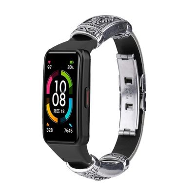 KangPlus Strap Compatible with Huawei Band 6 Pro/ Huawei Band 6/Honor Band 6,Retro Metal+Leather Band Adjustable Durable Wristband with Remove Tool - Black