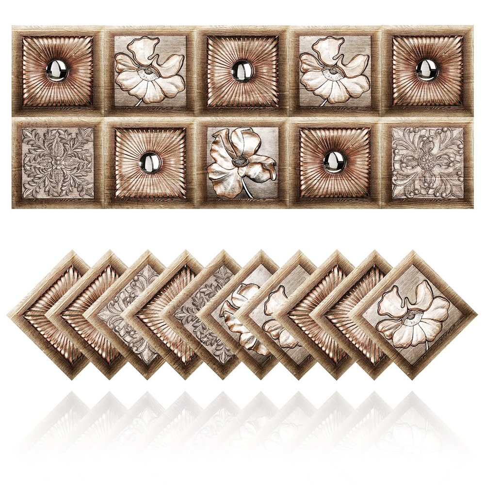 Cendray 20Pcs Tile Stickers for Bathroom Kitchen DIY Oilproof Waterproof PVC Retro Tile Sticker Self Adhesive Decoration Morocco Style Brown Flowers (6 x 6 Inch)