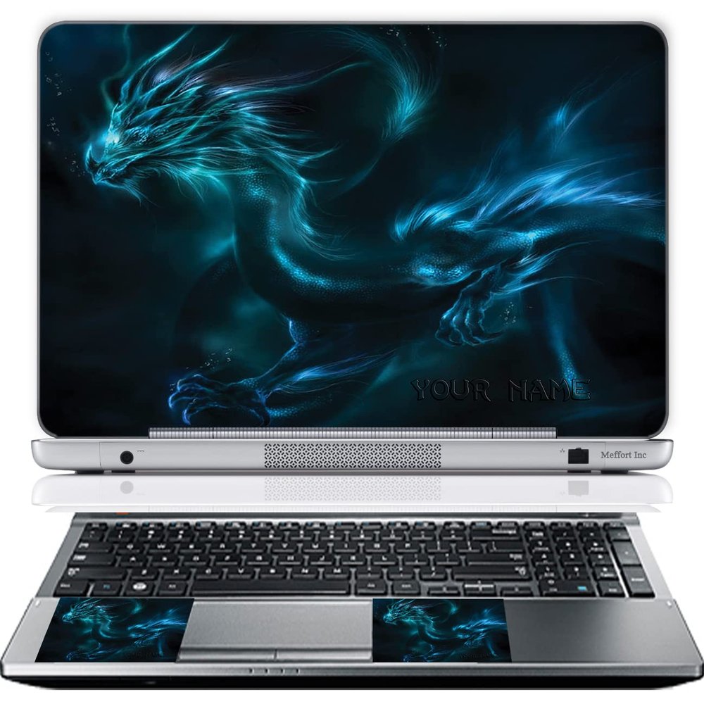 Meffort Inc Personalized Laptop Skin Sticker Cover Art Decal with Wrist Pad, Customize Your Text (13-13.5 Inch, Blue Dragon Design)