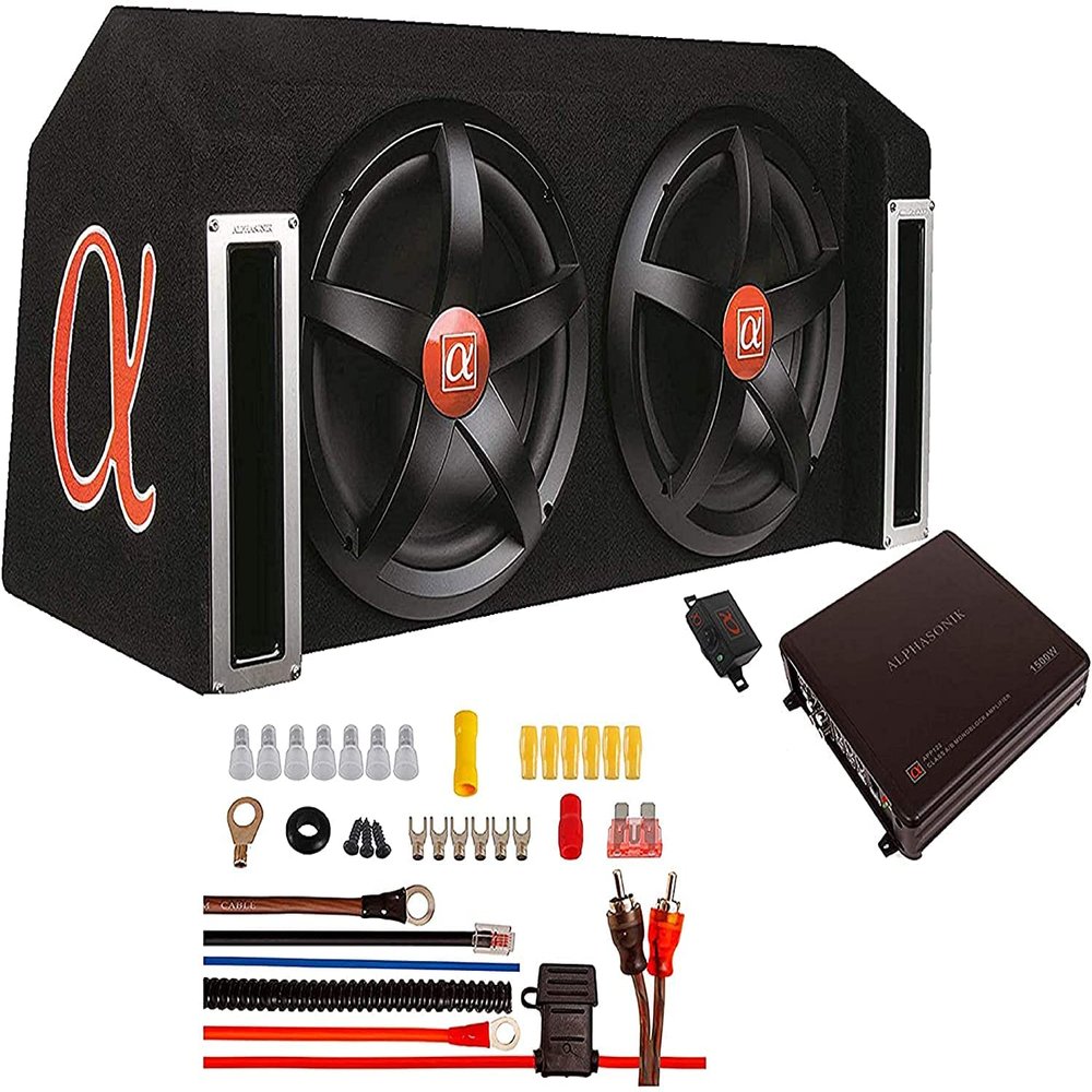 Alphasonik APP122 Complete 1500 Watts Dual 12" Subwoofers Car Bass Package with Amplifier and Installation Kit Included - 2 Sub Woofers with Grills in Custom Ported Box Loaded Enclosure, Black