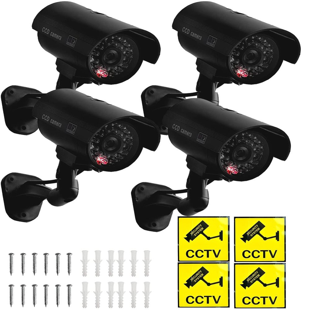 JYtrend Fake Camera, Dummy Camera CCTV Surveillance System with Realistic Red LED Flashing Light for Outdoor and Indoor + Warning Sticker (4 Pack, Black)