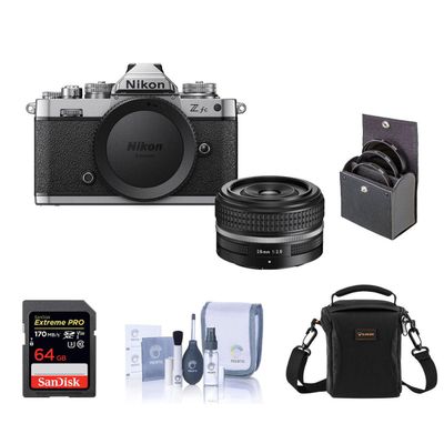 Nikon Z fc DX-Format Mirrorless Camera with NIKKOR Z 28mm f/2.8 (SE) Lens Bundle with 64GB SD Card, Shoulder Bag, Filter Kit, Cleaning Kit