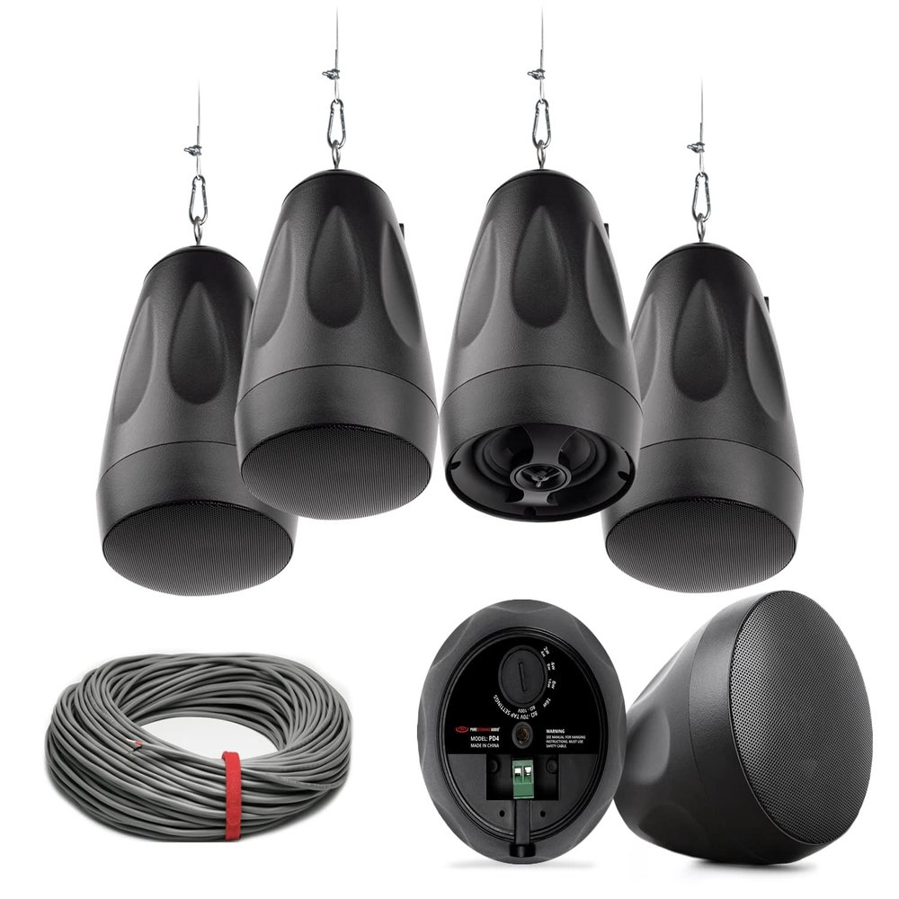 Pure Resonance Audio PD4 4" Pendant Speakers with Installation Wire - (6 Speakers, Black)