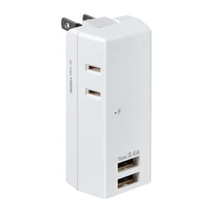 ELPA UA-223SB Lightning Resistant USB Strip, 2 Outlets, 2 Ports, Storage Plug, USB A Type, DC 5 V, Up to 3.4 A, Outlet (AC 100 V, 14 A, Total 1400 W)