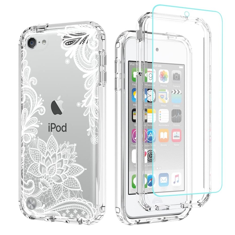 Tothedu Phone Case for iPod Touch 6/Touch 5/Touch 7 Case with Tempered-Glass Screen Protector, Cute Clear Mandala Pattern Full Body Protective Cover Cases for iPod Touch 5th / 6th / 7th (Mandala)