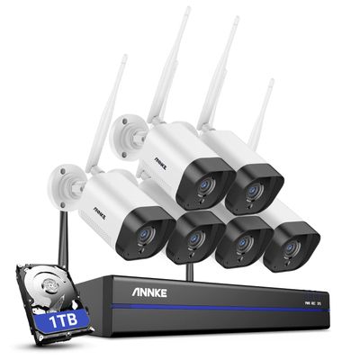 ANNKE WS300 3MP 1296P WiFi Surveillance Cameras (6 PCS) with 5MP NVR 1TB HDD, Security Cameras System 2K, AI Human Detection Email Alarm, Work with Alexa, Support Cloud Storage, One-Way Audio Record