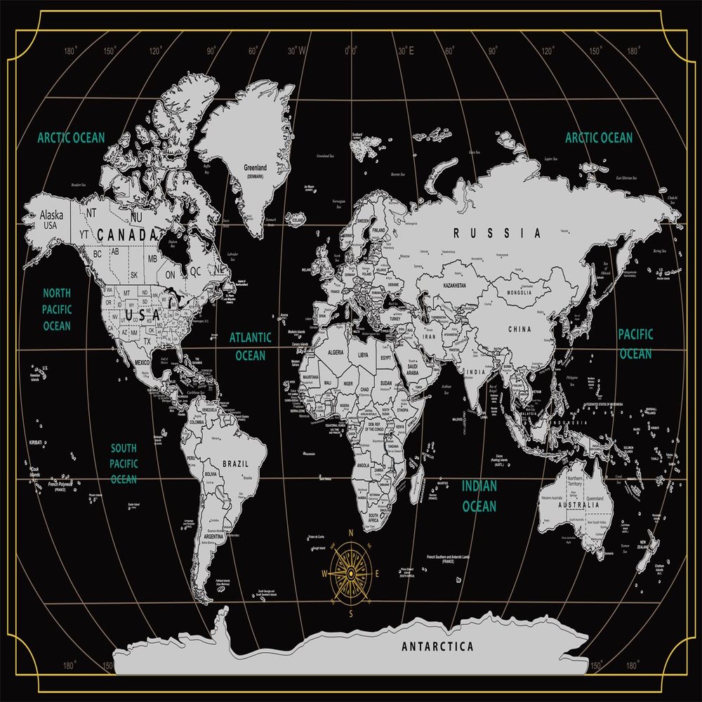 BELECO World Map Backdrop Fabric 9x6ft Scratch Travel Map of The World with Black and White Background Wallpaper Travel Theme Birthday Party Decorations Kids Adults Portrait Shooting Photo Props
