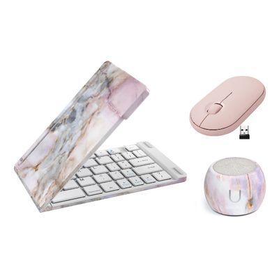 Fashionit U Speakers Boost Water-Resistant Portable Bluetooth Speaker with Selfie Remote Control, Bass, & Mic Travel Home Office Modern Bundle with Mini Folding Wireless-Keyboard & Pebble Mouse