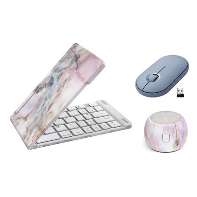 Fashionit U Speakers Boost Water-Resistant Portable Bluetooth Speaker with Selfie Remote Control, Bass, & Mic Travel Home Office Modern Bundle with Mini Folding Wireless-Keyboard & Pebble Mouse