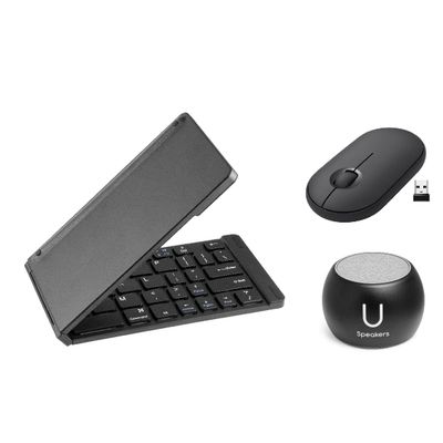 Fashionit U Speakers Boost Water-Resistant Portable Bluetooth Speaker with Selfie Remote Control, Bass, & Mic Travel Home Office Modern Bundle with Mini Folding Wireless-Keyboard & Pebble Mouse