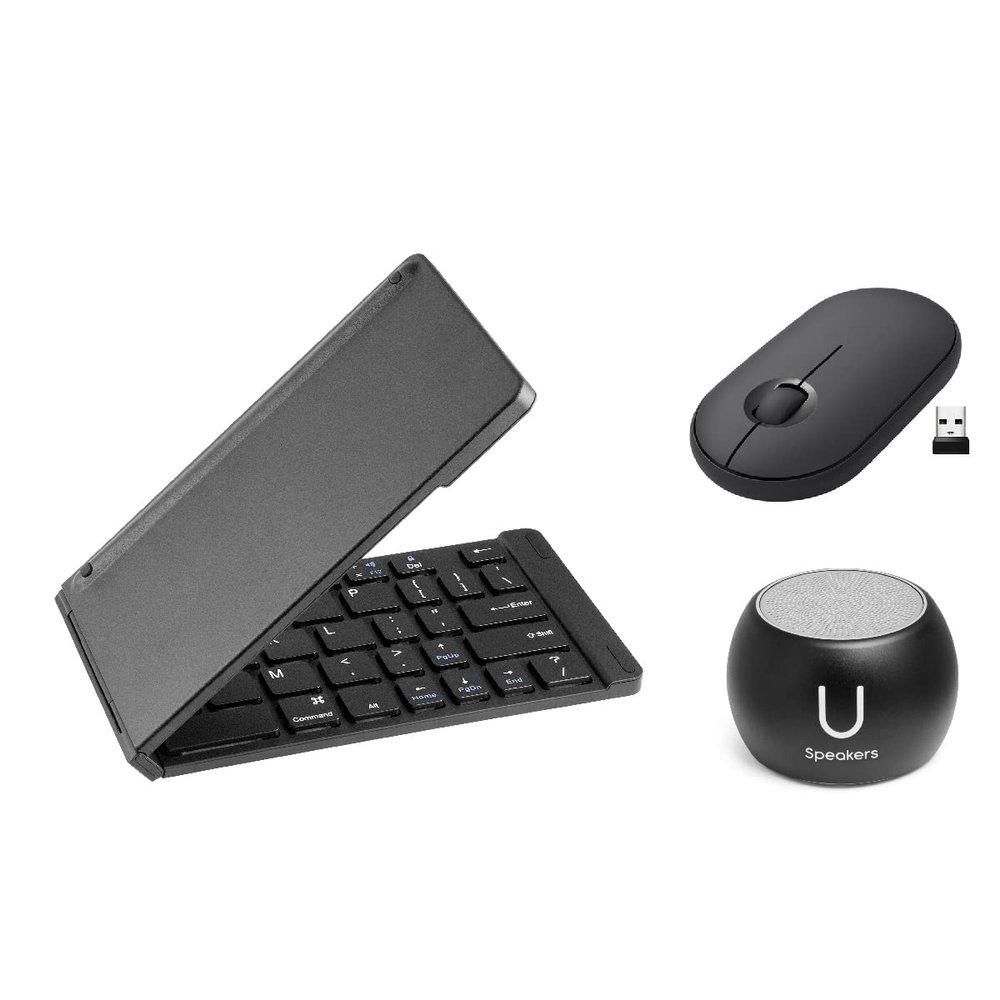 Fashionit U Speakers Boost Water-Resistant Portable Bluetooth Speaker with Selfie Remote Control, Bass, & Mic Travel Home Office Modern Bundle with Mini Folding Wireless-Keyboard & Pebble Mouse
