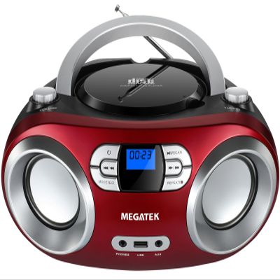 MEGATEK Portable CD Player Boombox with FM Radio, Bluetooth, USB Port, AUX Input, and Headphone Jack CD-R/CD-RW/MP3-CD Compatible, Clear Stereo Sound, Backlit LCD Display Cherry Red