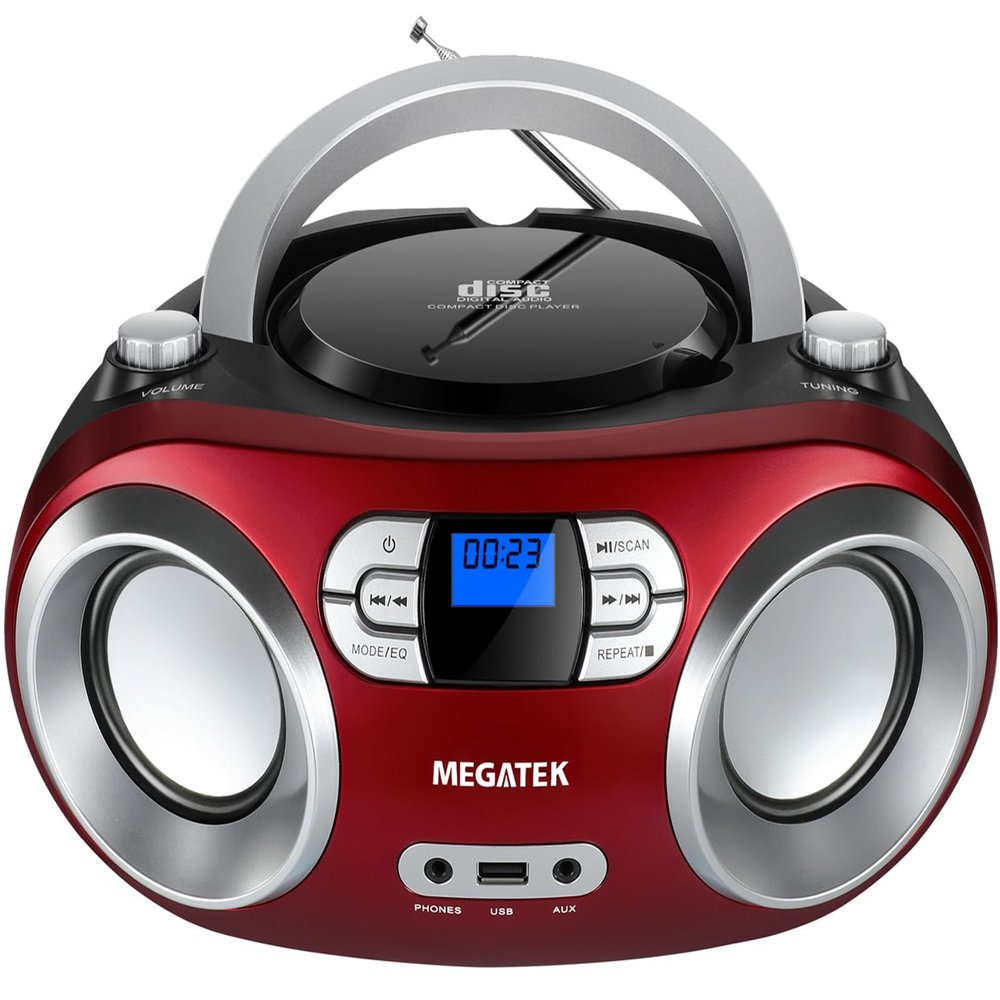 MEGATEK Portable CD Player Boombox with FM Radio, Bluetooth, USB Port, AUX Input, and Headphone Jack CD-R/CD-RW/MP3-CD Compatible, Clear Stereo Sound, Backlit LCD Display Cherry Red