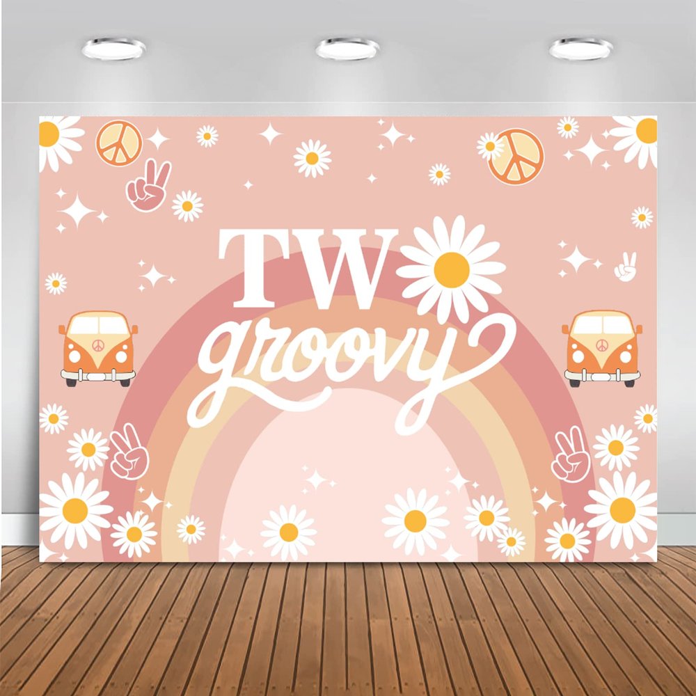 Mocsicka Two Groovy Birthday Backdrop Boho Rainbow Groovy 2nd Birthday Party Decorations 70's Daisy Hippie Peace Love Party Background Cake Table Banner (8x6ft(96x72 inch))